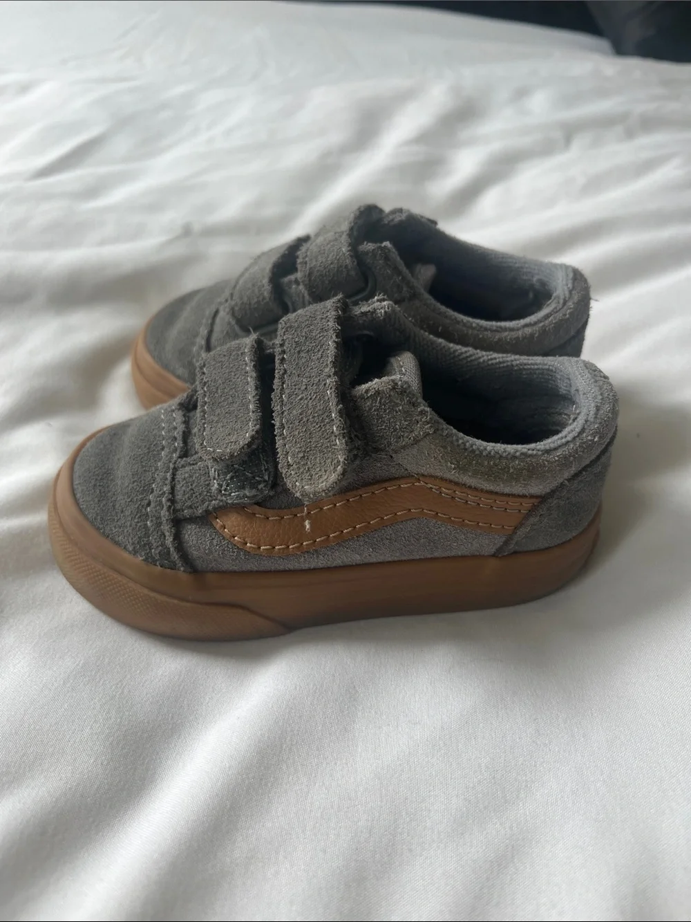 Vans Kids Gray Suede Sneakers with Brown Side Stripe